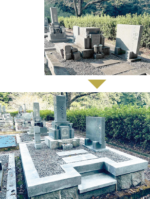 倒木で破損したお墓の復旧工事
